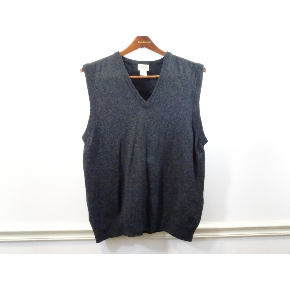 LL Bean Mens Large Charcoal Gray 100% Lambswool V-Neck Sweater Vest